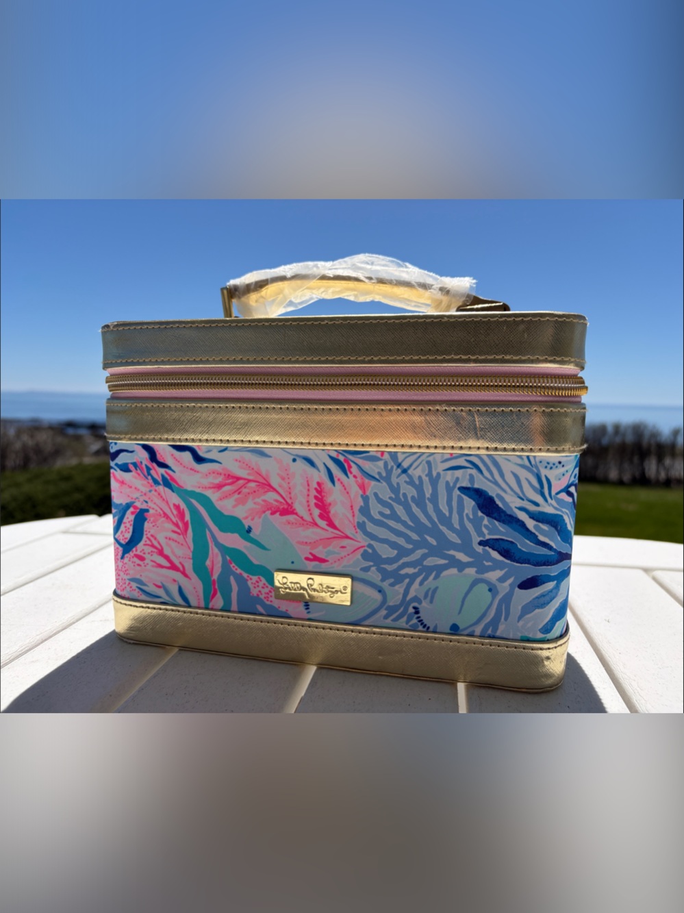 Lilly Pulitzer Gold Multicolor Coral Print Cosmetic Case
